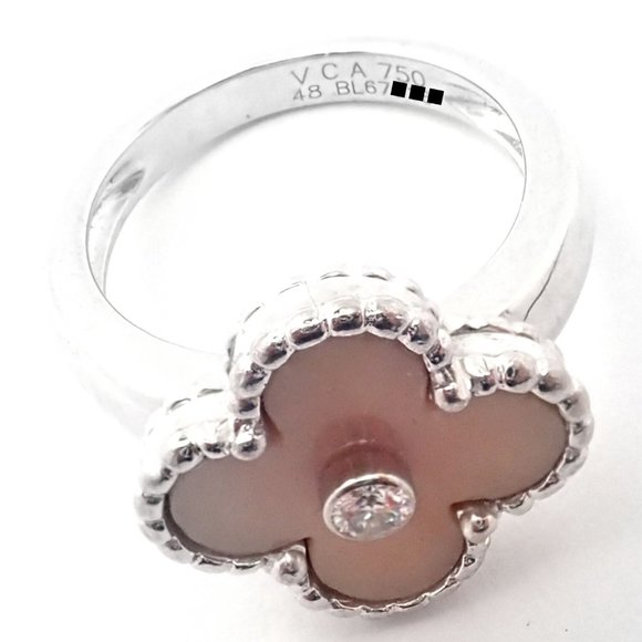 Authentic! Van Cleef & Arpels Alhambra 18k White Gold Pink Opal Diamond Ring - Picture 9 of 9